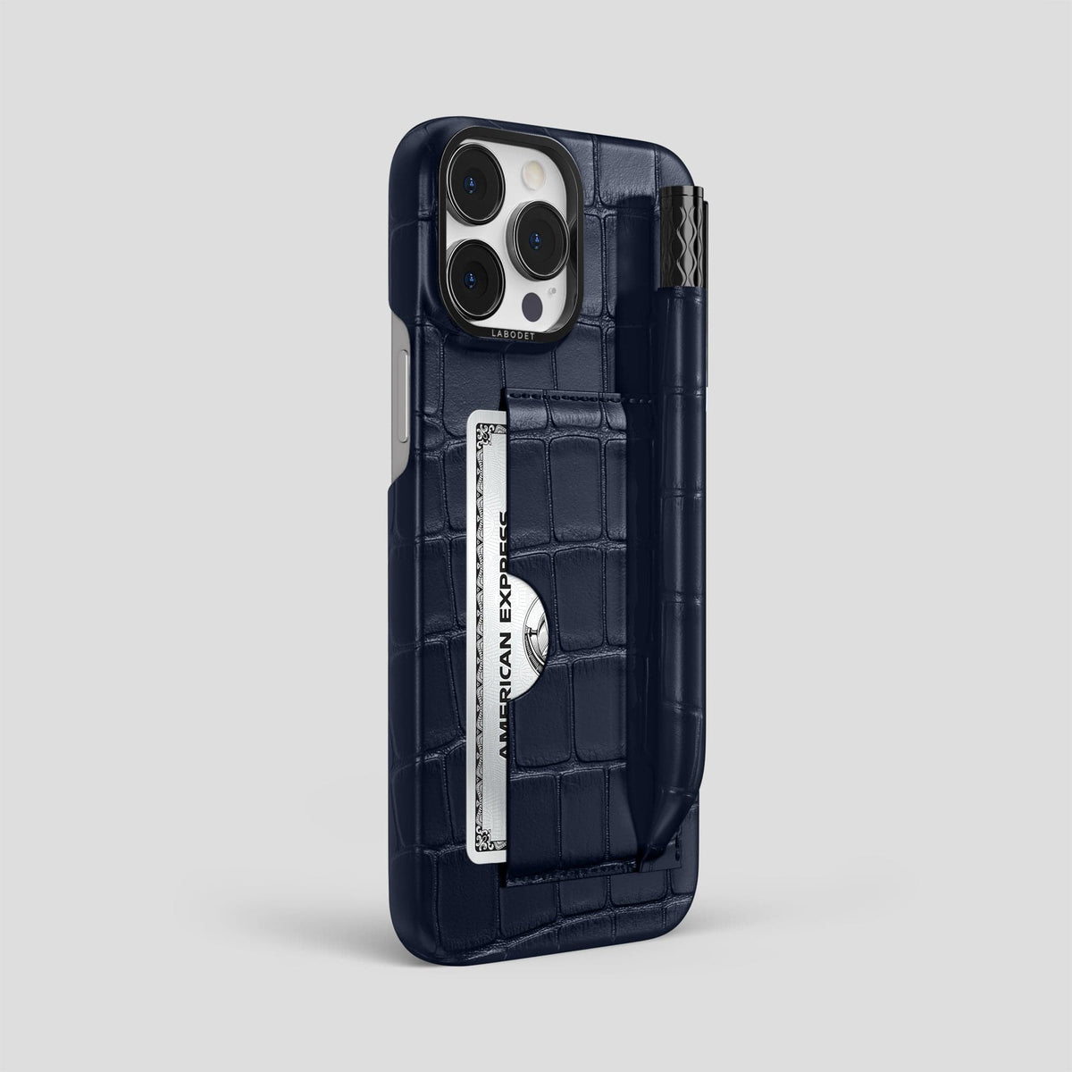 Navy Blue iPhone 14 Pro Max Card and Pen Holder Case Alligator with Black Metal -2 | Navy-Blue-Black