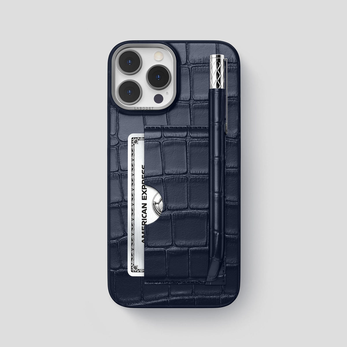 Navy Blue iPhone 14 Pro Max Card and Pen Holder Case Alligator with Steel Metal -1 | Navy-Blue-Steel