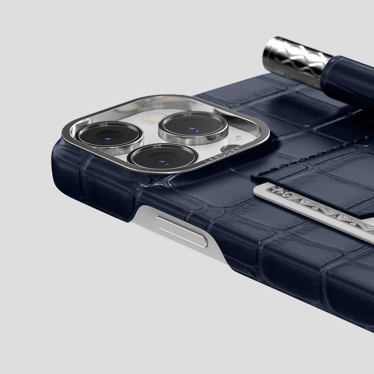 Navy Blue iPhone 14 Pro Max Card and Pen Holder Case Alligator with Steel Metal -4 | Navy-Blue-Steel