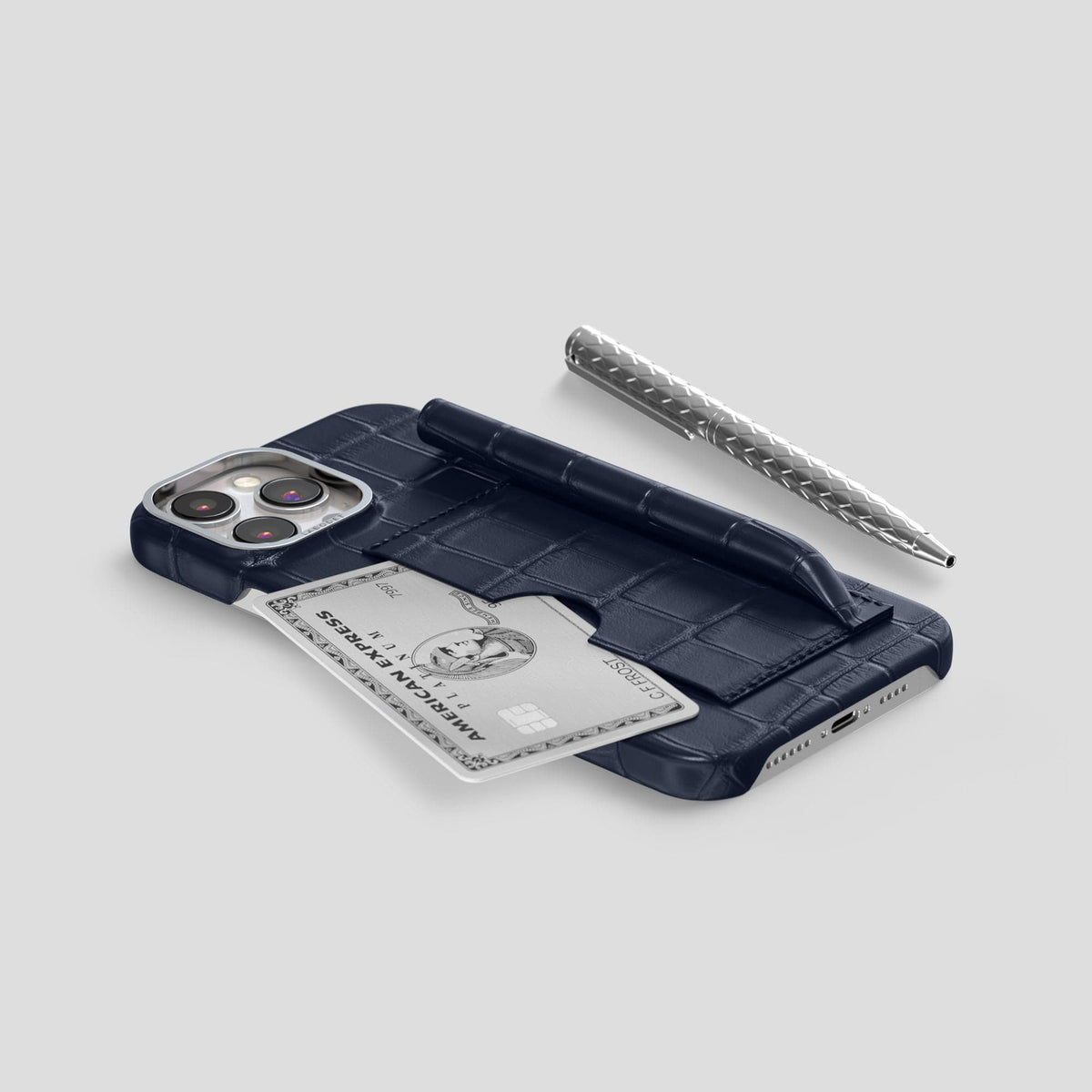 Navy Blue iPhone 14 Pro Max Card and Pen Holder Case Alligator with Steel Metal -5 | Navy-Blue-Steel