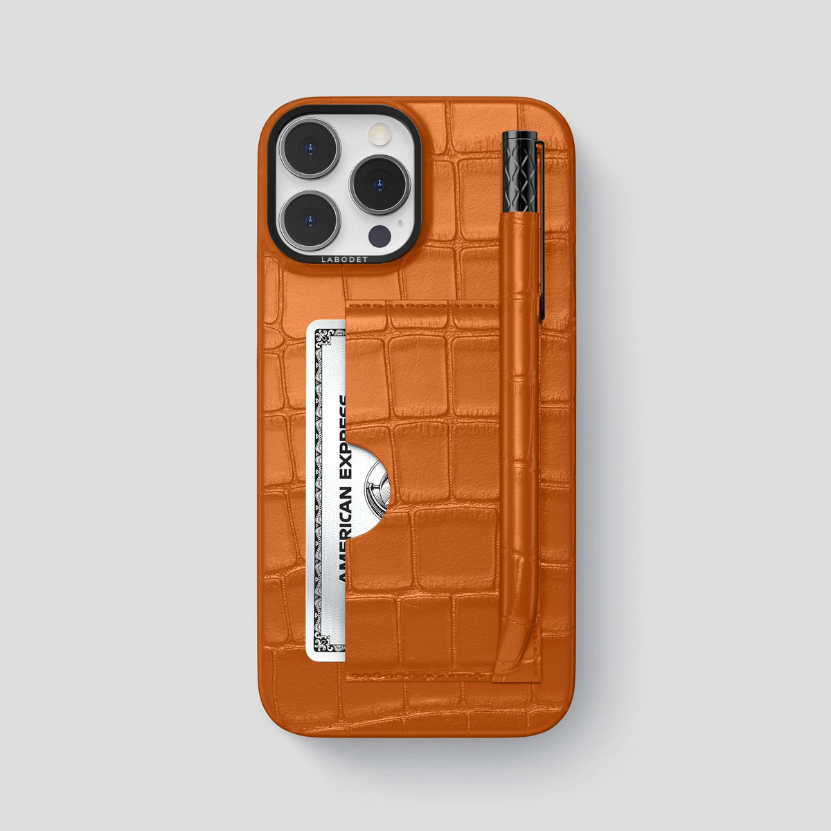 Orange iPhone 14 Pro Max Card and Pen Holder Case Alligator with Black Metal -1 | Orange-Black