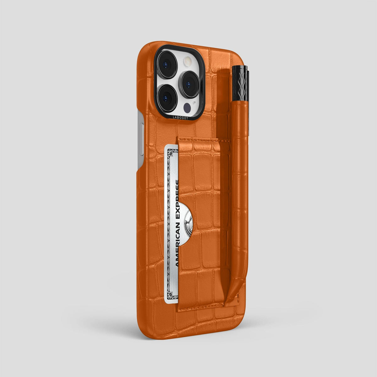 Orange iPhone 14 Pro Max Card and Pen Holder Case Alligator with Black Metal -2 | Orange-Black