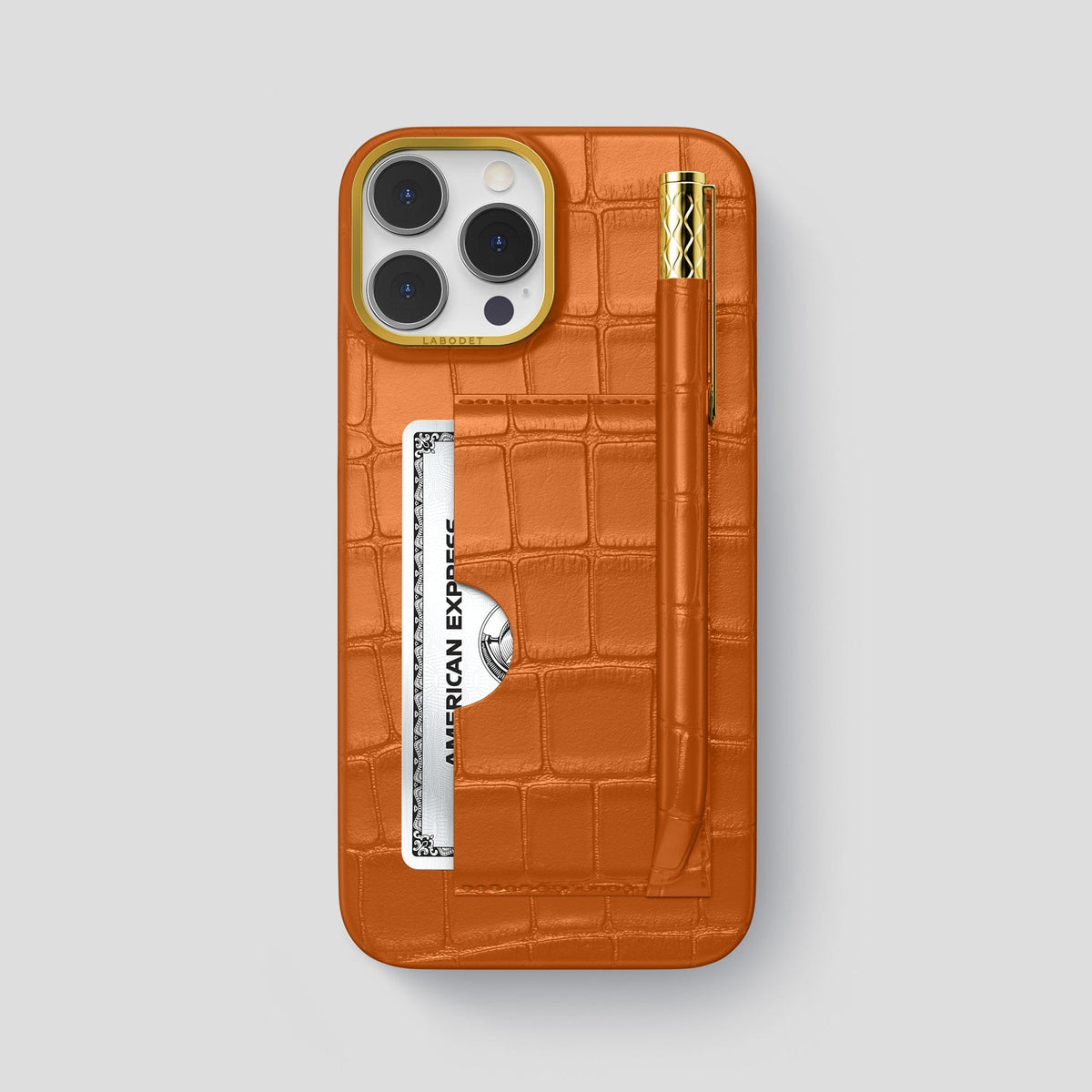 Orange iPhone 14 Pro Max Card and Pen Holder Case Alligator with Gold Metal -1 | Orange-Gold