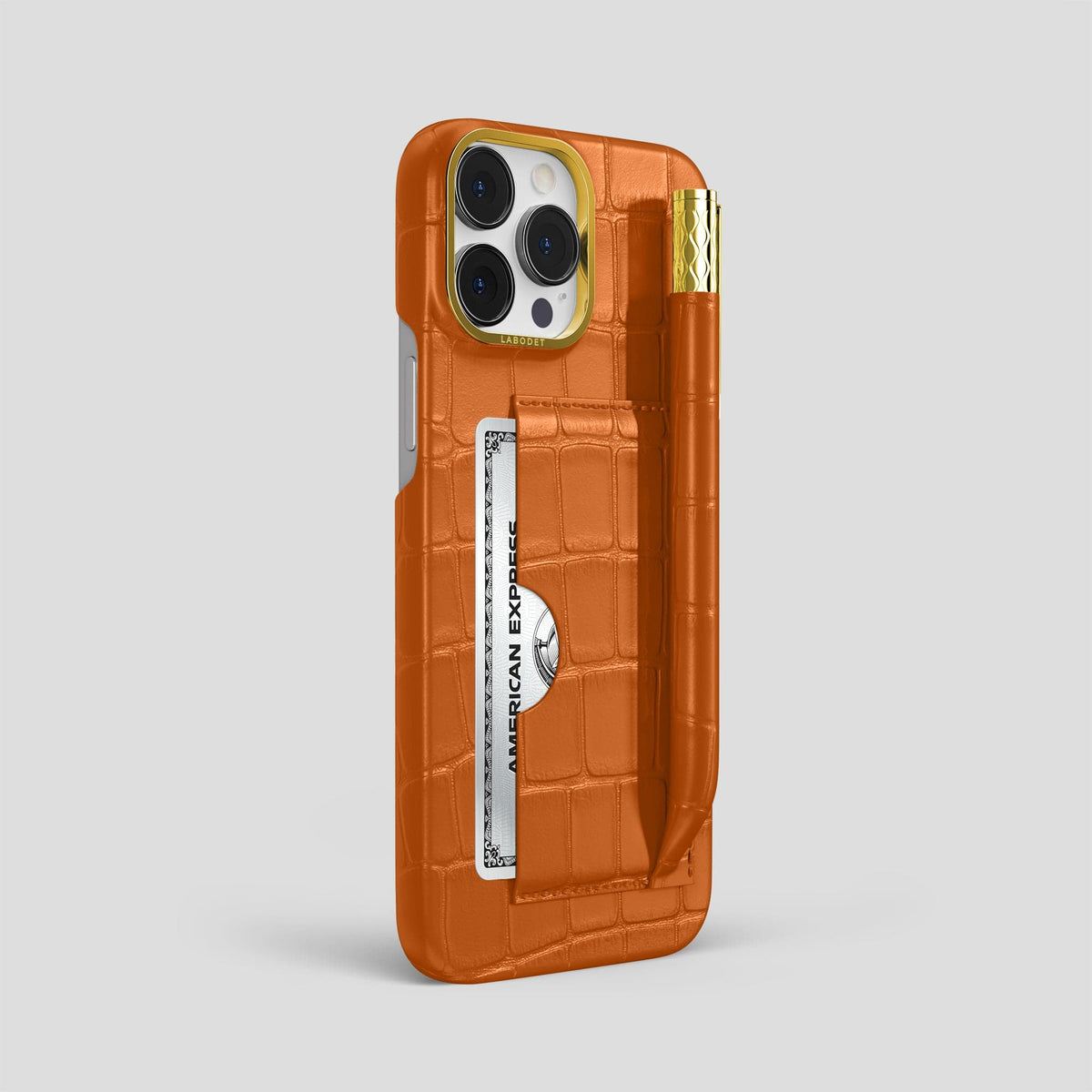 Orange iPhone 14 Pro Max Card and Pen Holder Case Alligator with Gold Metal -2 | Orange-Gold