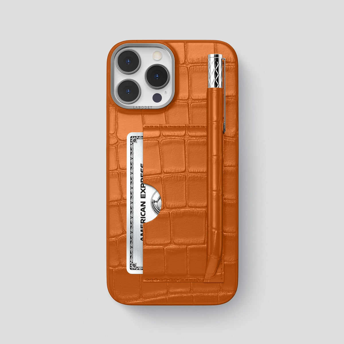Orange iPhone 14 Pro Max Card and Pen Holder Case Alligator with Steel Metal -1 | Orange-Steel