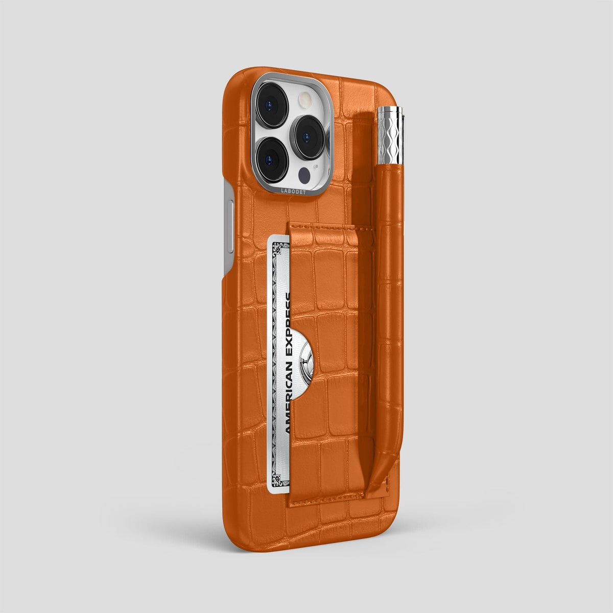 Orange iPhone 14 Pro Max Card and Pen Holder Case Alligator with Steel Metal -2 | Orange-Steel