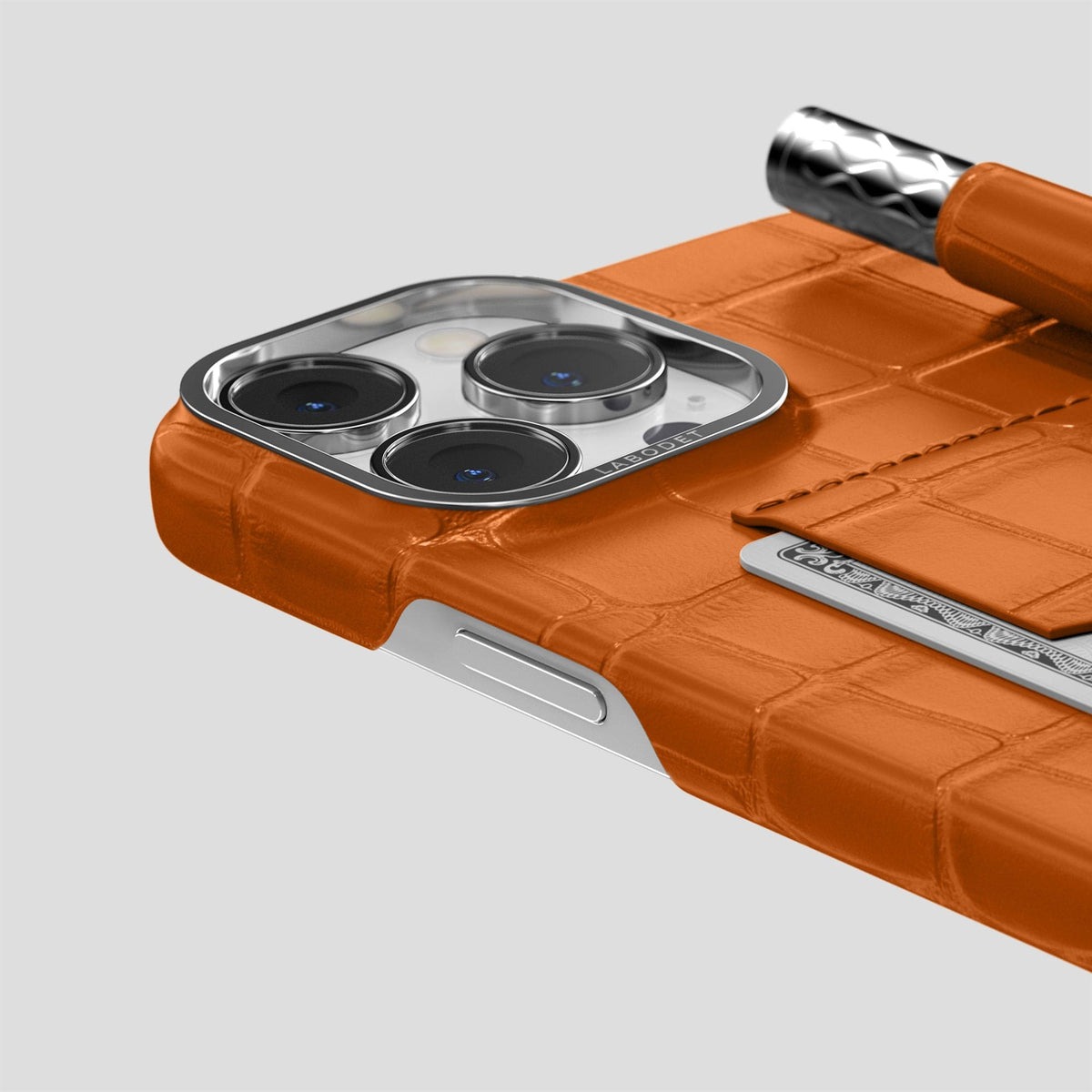 Orange iPhone 14 Pro Max Card and Pen Holder Case Alligator with Steel Metal -4 | Orange-Steel