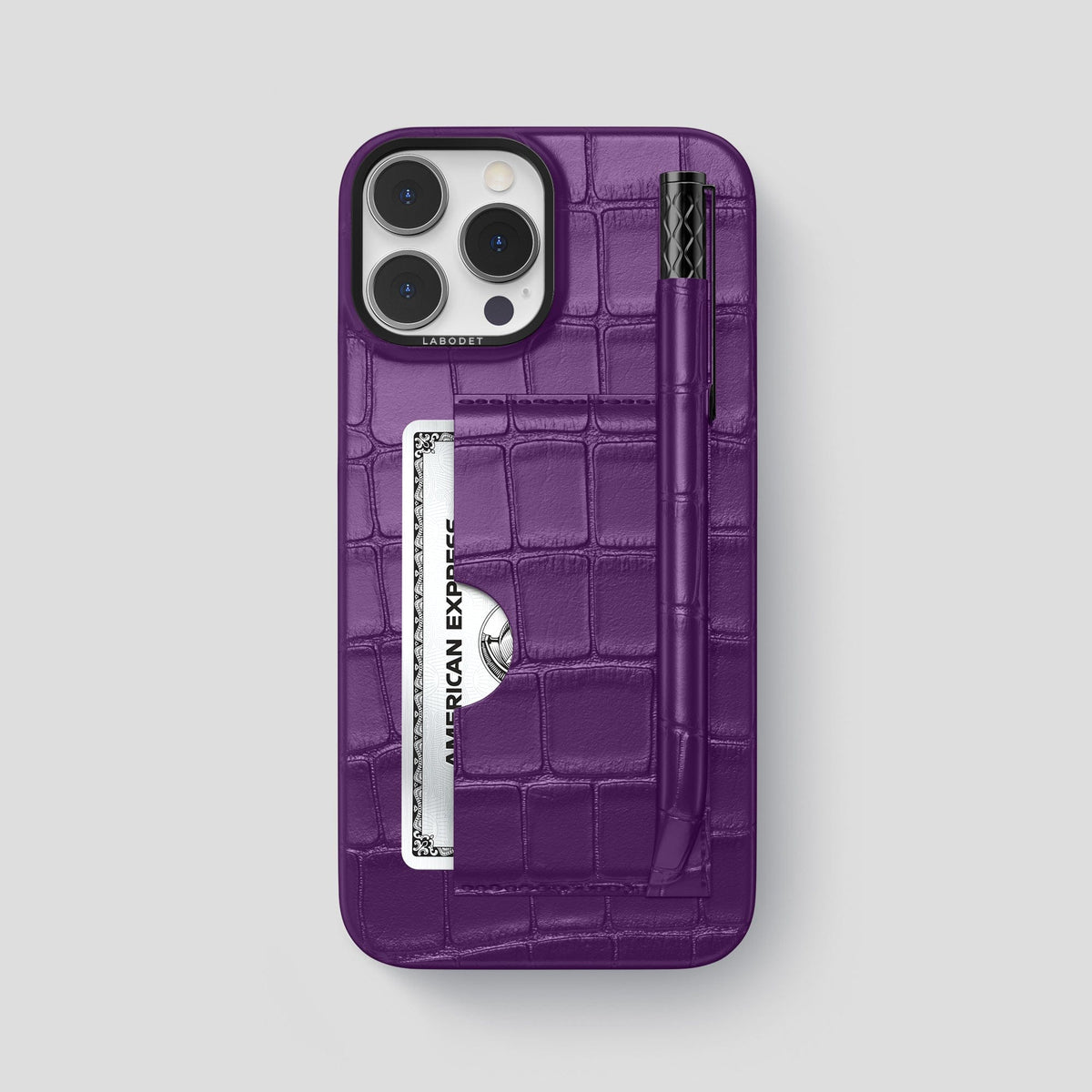 Purple iPhone 14 Pro Max Card and Pen Holder Case Alligator with Black Metal -1 | Purple-Black