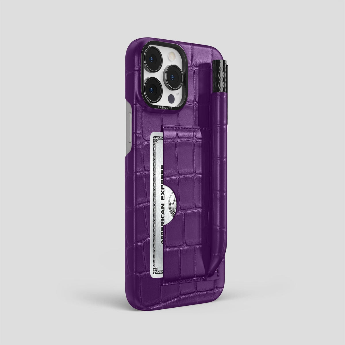 Purple iPhone 14 Pro Max Card and Pen Holder Case Alligator with Black Metal -2 | Purple-Black