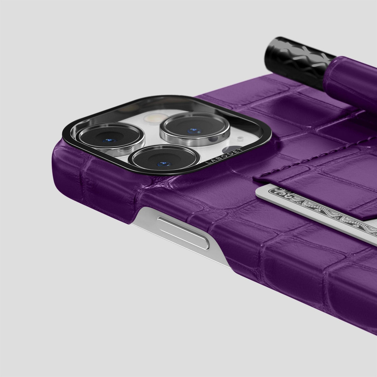 Purple iPhone 14 Pro Max Card and Pen Holder Case Alligator with Black Metal -4 | Purple-Black