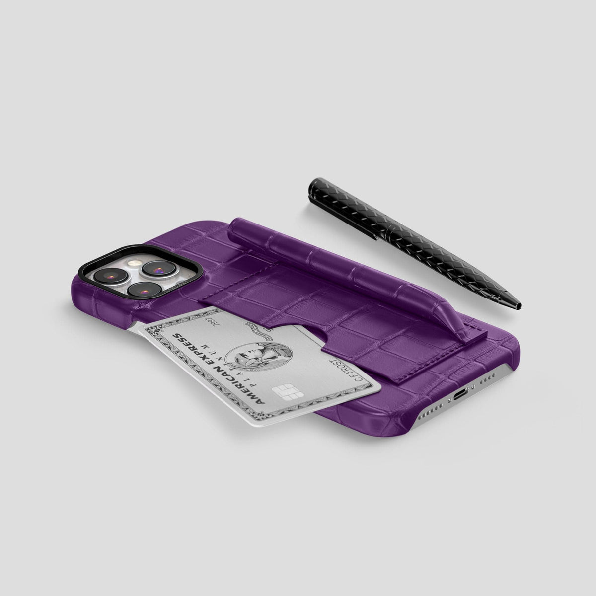 Purple iPhone 14 Pro Max Card and Pen Holder Case Alligator with Black Metal -5 | Purple-Black