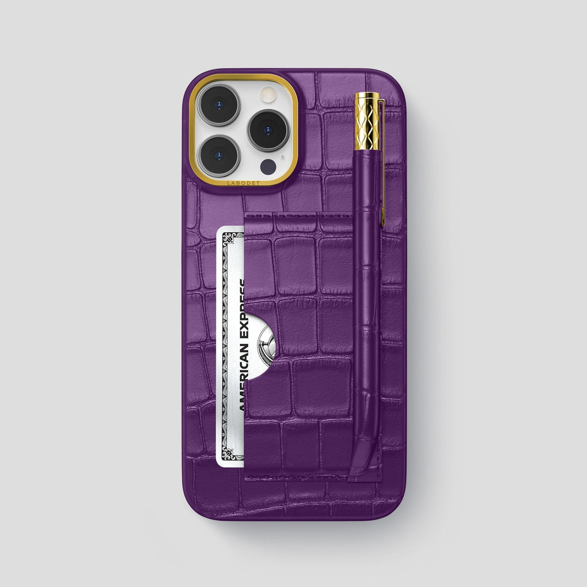 Purple iPhone 14 Pro Max Card and Pen Holder Case Alligator with Gold Metal -1 | Purple-Gold