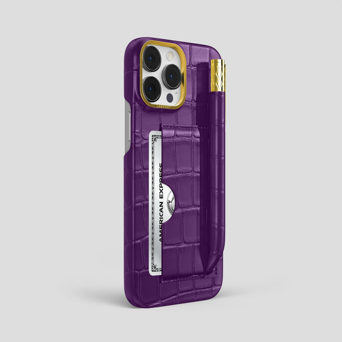 Purple iPhone 14 Pro Max Card and Pen Holder Case Alligator with Gold Metal -2 | Purple-Gold