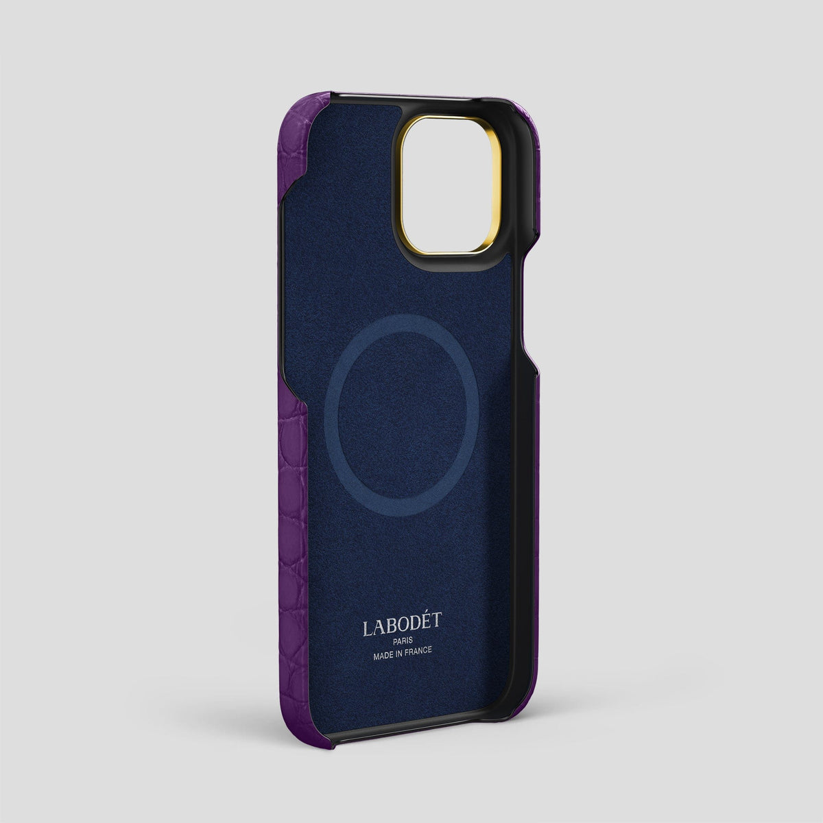 Purple iPhone 14 Pro Max Card and Pen Holder Case Alligator with Gold Metal -3 | Purple-Gold