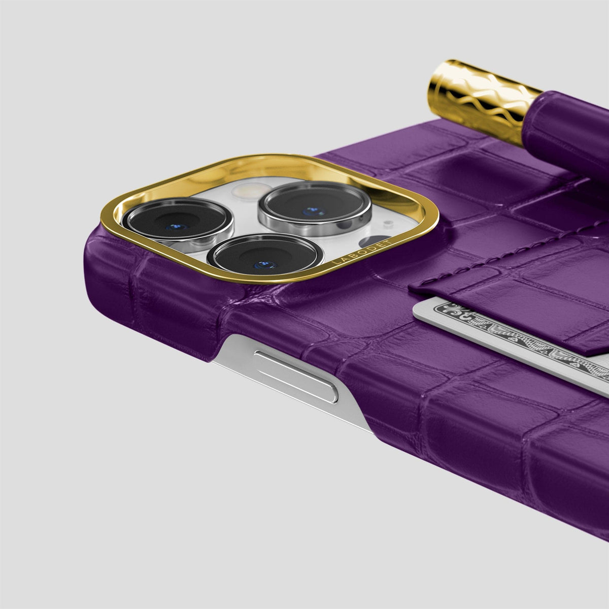 Purple iPhone 14 Pro Max Card and Pen Holder Case Alligator with Gold Metal -4 | Purple-Gold