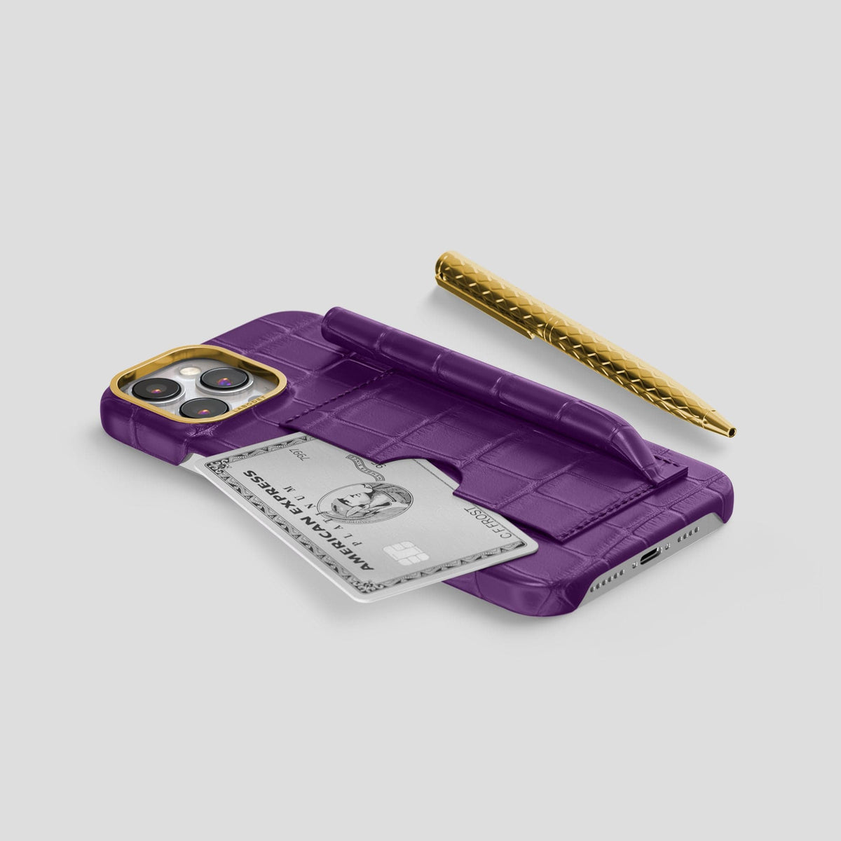 Purple iPhone 14 Pro Max Card and Pen Holder Case Alligator with Gold Metal -5 | Purple-Gold