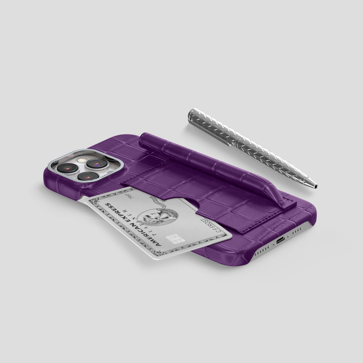 Purple iPhone 14 Pro Max Card and Pen Holder Case Alligator with Steel Metal -5 | Purple-Steel