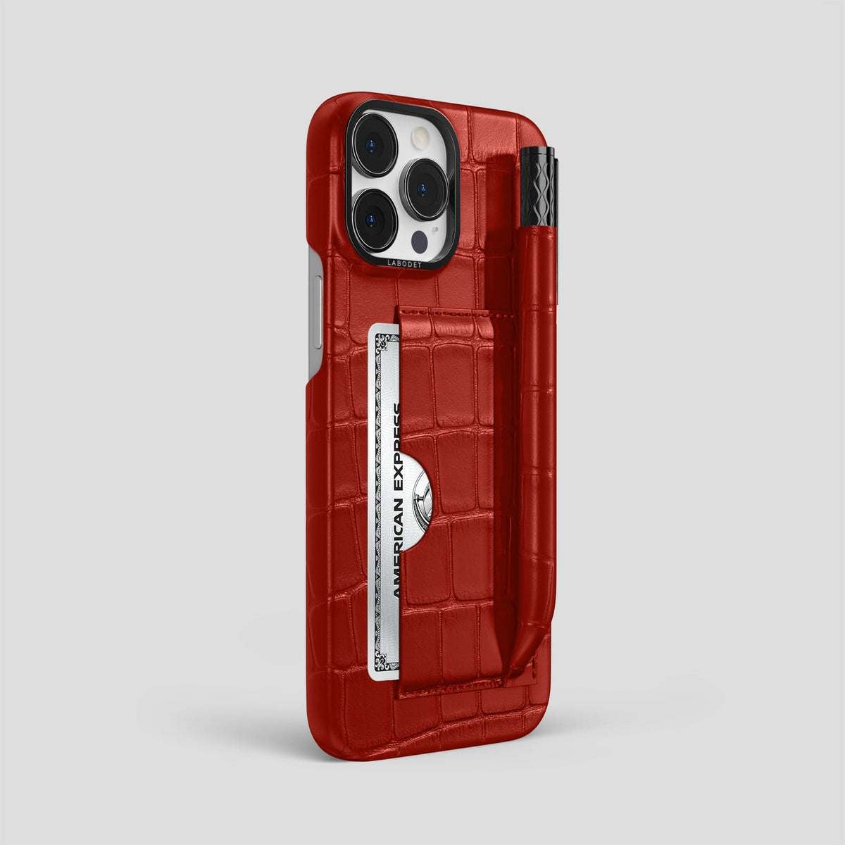 Red iPhone 14 Pro Max Card and Pen Holder Case Alligator with Black Metal -2 | Red-Black