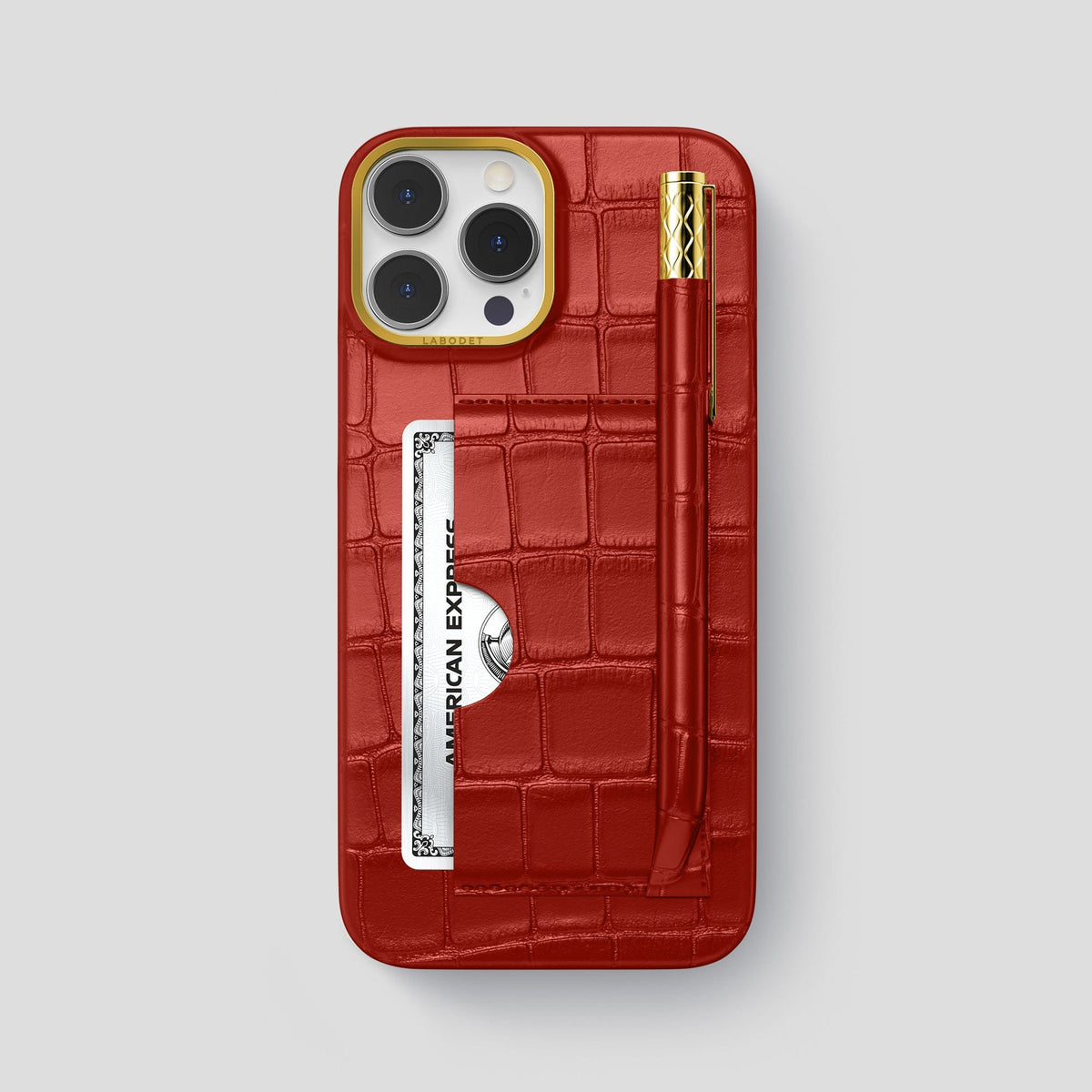 Red iPhone 14 Pro Max Card and Pen Holder Case Alligator with Gold Metal -1 | Red-Gold