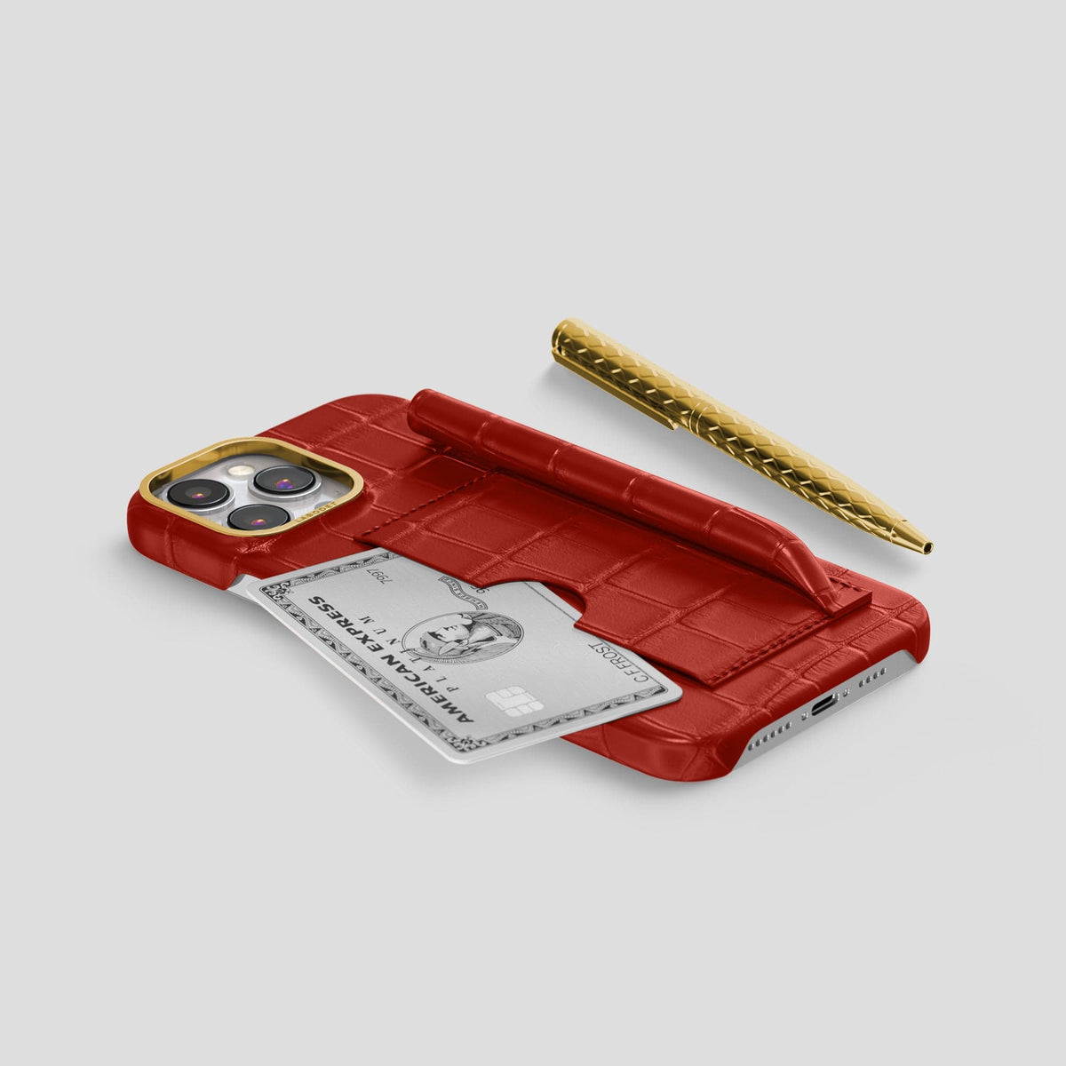 Red iPhone 14 Pro Max Card and Pen Holder Case Alligator with Gold Metal -5 | Red-Gold