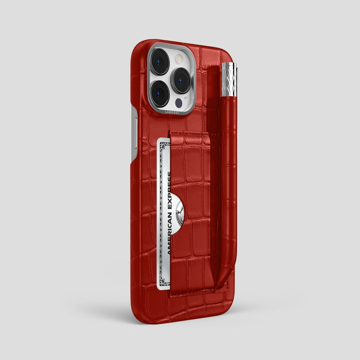 Red iPhone 14 Pro Max Card and Pen Holder Case Alligator with Steel Metal -2 | Red-Steel