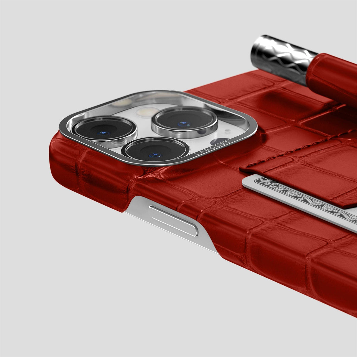 Red iPhone 14 Pro Max Card and Pen Holder Case Alligator with Steel Metal -4 | Red-Steel