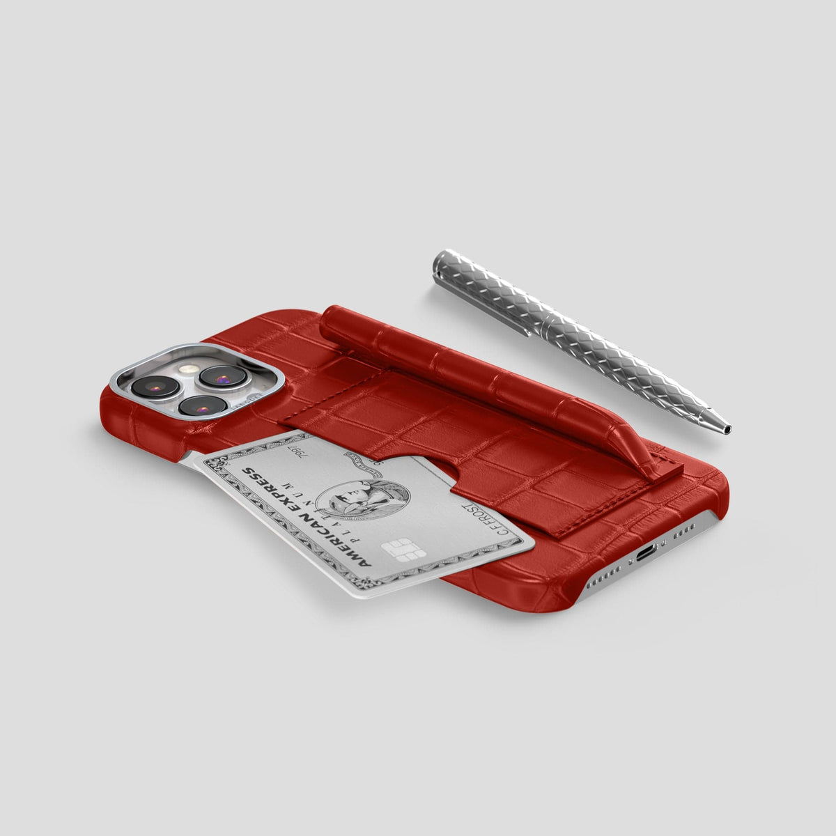 Red iPhone 14 Pro Max Card and Pen Holder Case Alligator with Steel Metal -5 | Red-Steel