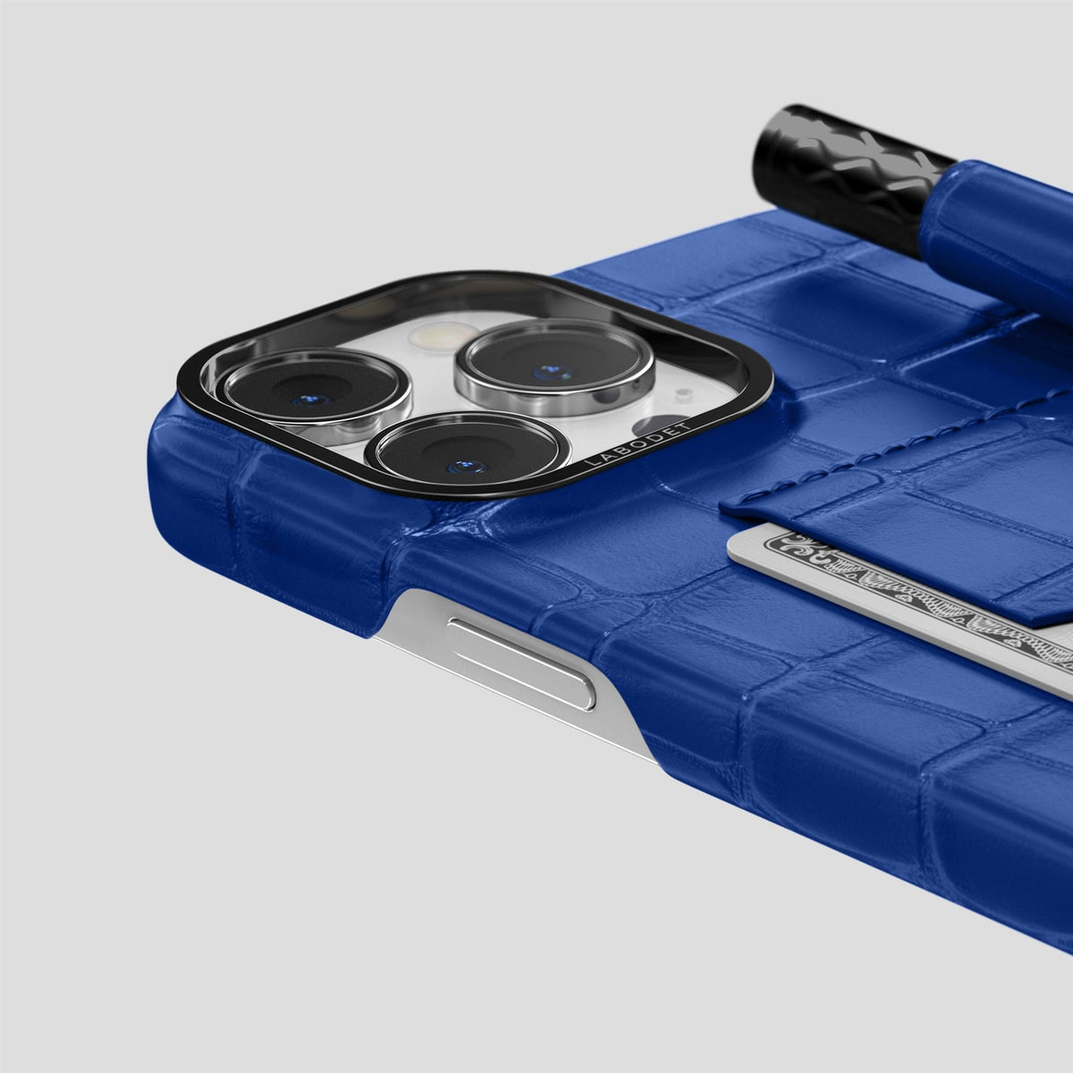 Royal Blue iPhone 14 Pro Max Card and Pen Holder Case Alligator with Black Metal -4 | Royal-Blue-Black