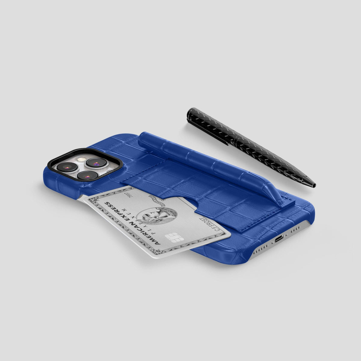 Royal Blue iPhone 14 Pro Max Card and Pen Holder Case Alligator with Black Metal -5 | Royal-Blue-Black