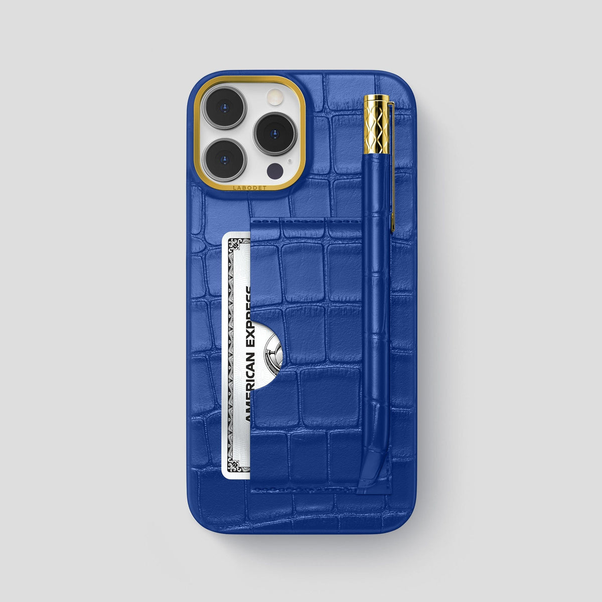 Royal Blue iPhone 14 Pro Max Card and Pen Holder Case Alligator with Gold Metal -1 | Royal-Blue-Gold