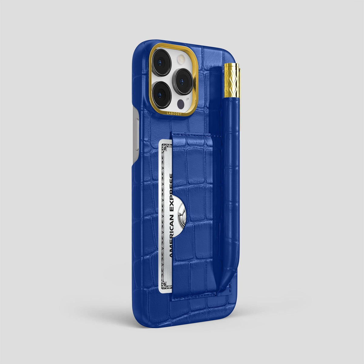 Royal Blue iPhone 14 Pro Max Card and Pen Holder Case Alligator with Gold Metal -2 | Royal-Blue-Gold