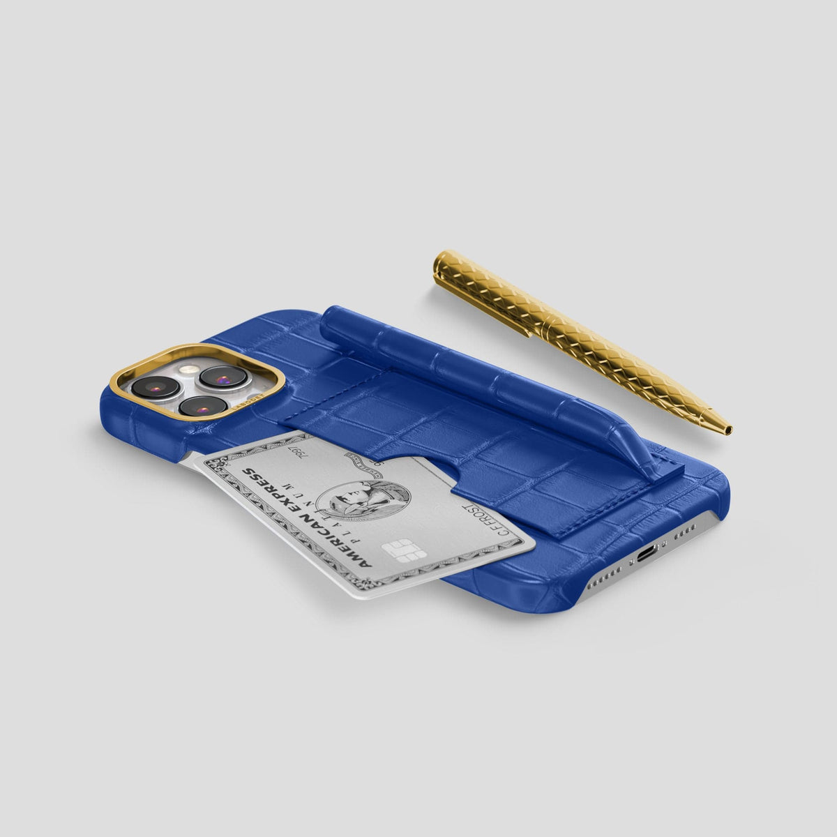 Royal Blue iPhone 14 Pro Max Card and Pen Holder Case Alligator with Gold Metal -5 | Royal-Blue-Gold