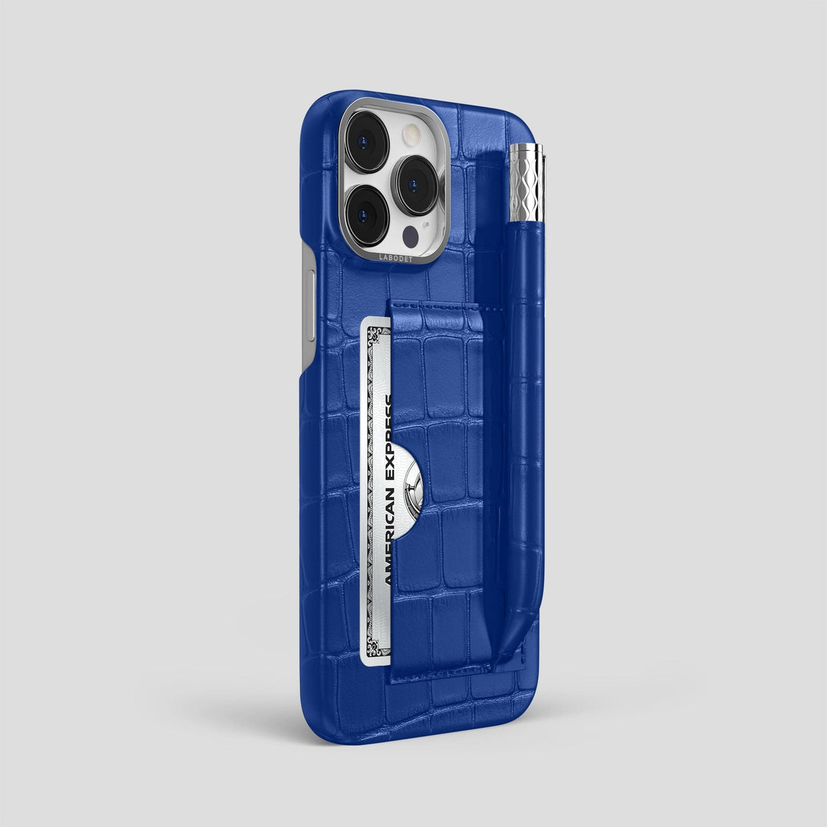 Royal Blue iPhone 14 Pro Max Card and Pen Holder Case Alligator with Steel Metal -2 | Royal-Blue-Steel