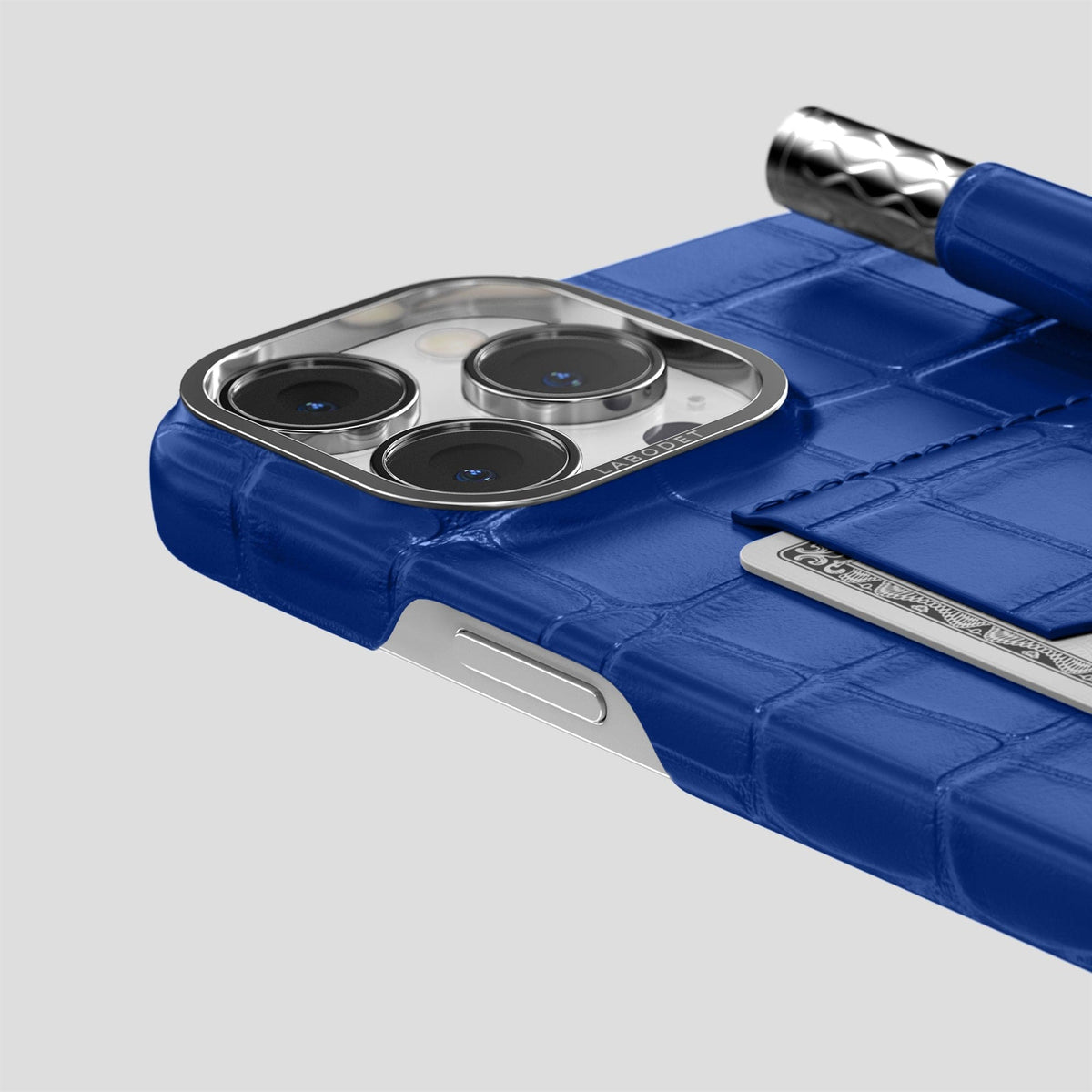 Royal Blue iPhone 14 Pro Max Card and Pen Holder Case Alligator with Steel Metal -4 | Royal-Blue-Steel