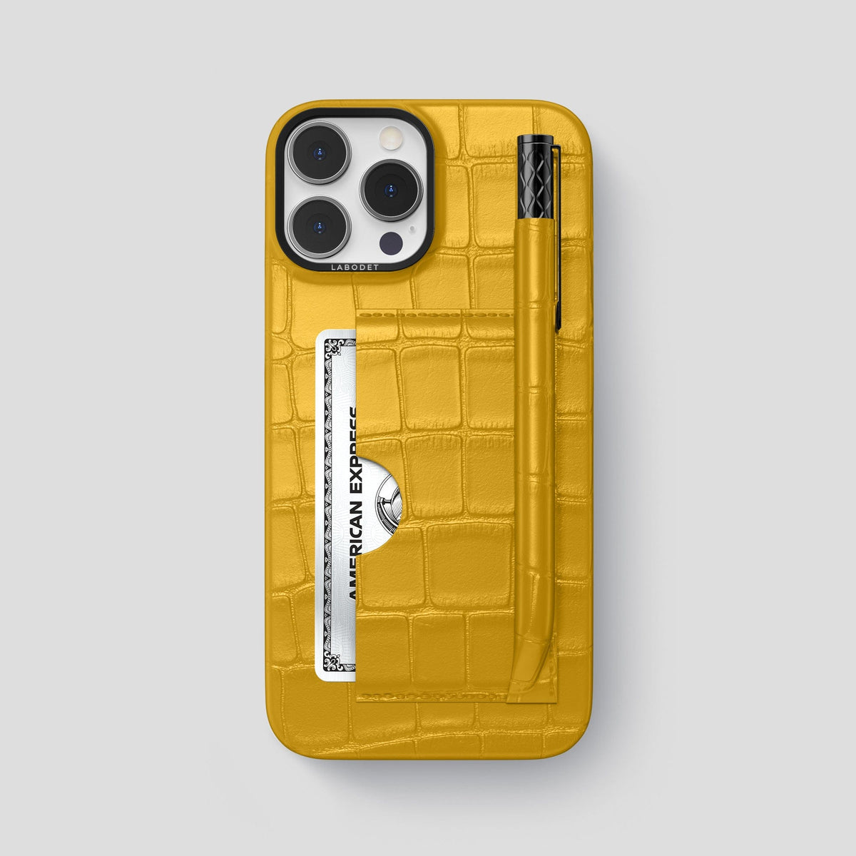 Yellow iPhone 14 Pro Max Card and Pen Holder Case Alligator with Black Metal -1 | Yellow-Black