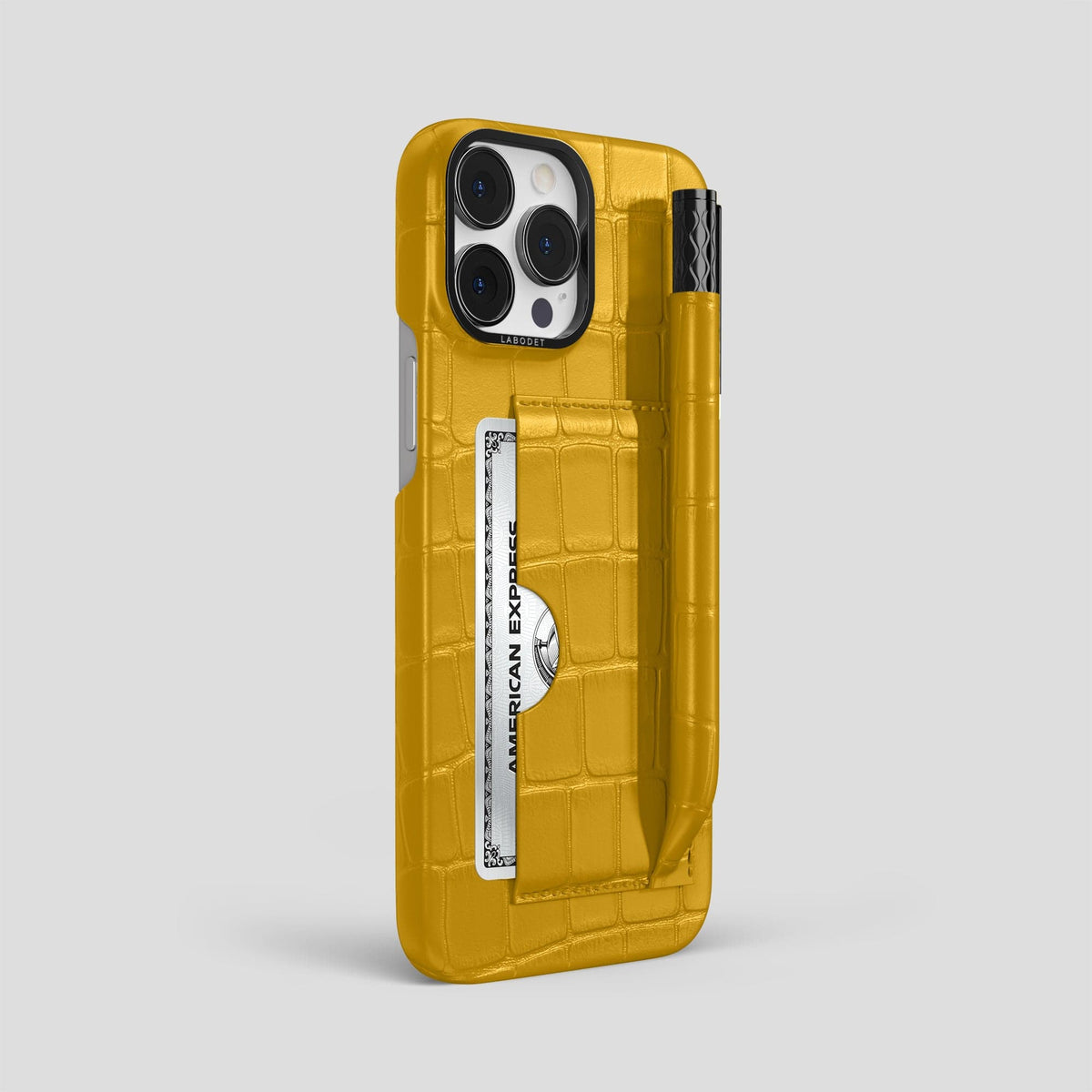Yellow iPhone 14 Pro Max Card and Pen Holder Case Alligator with Black Metal -2 | Yellow-Black