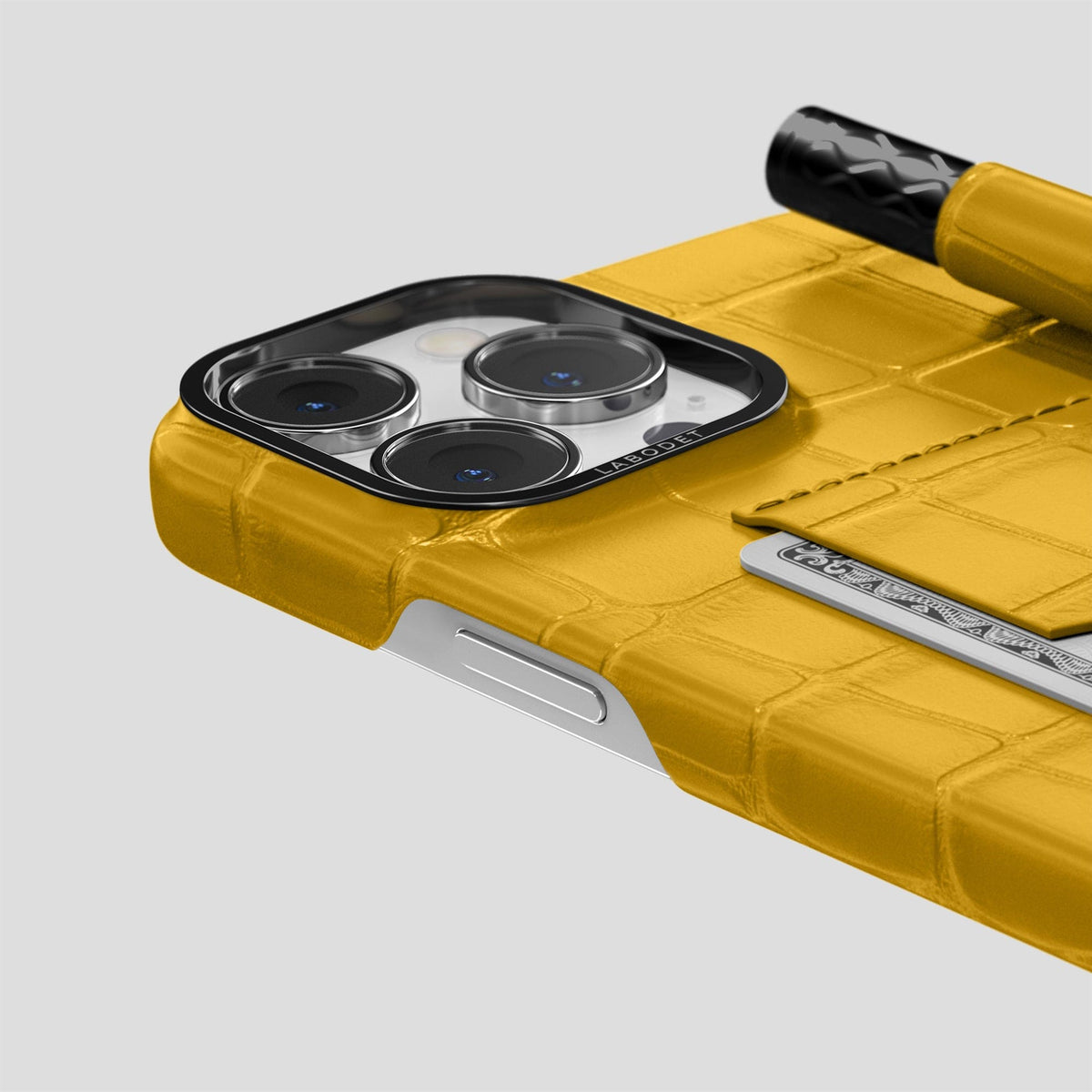 Yellow iPhone 14 Pro Max Card and Pen Holder Case Alligator with Black Metal -4 | Yellow-Black
