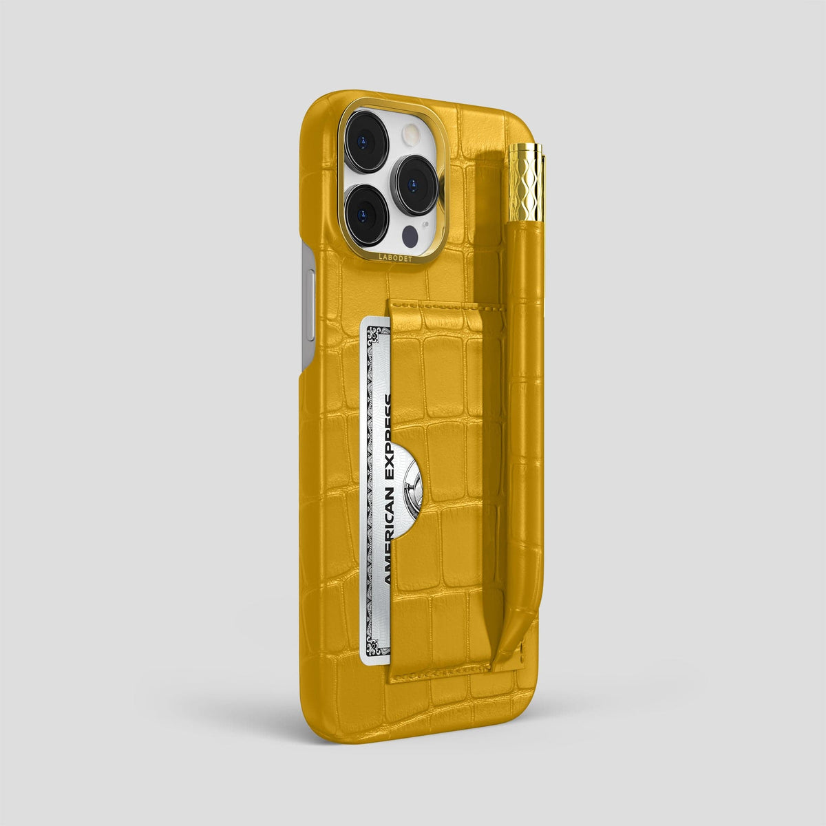 Yellow iPhone 14 Pro Max Card and Pen Holder Case Alligator with Gold Metal -2 | Yellow-Gold