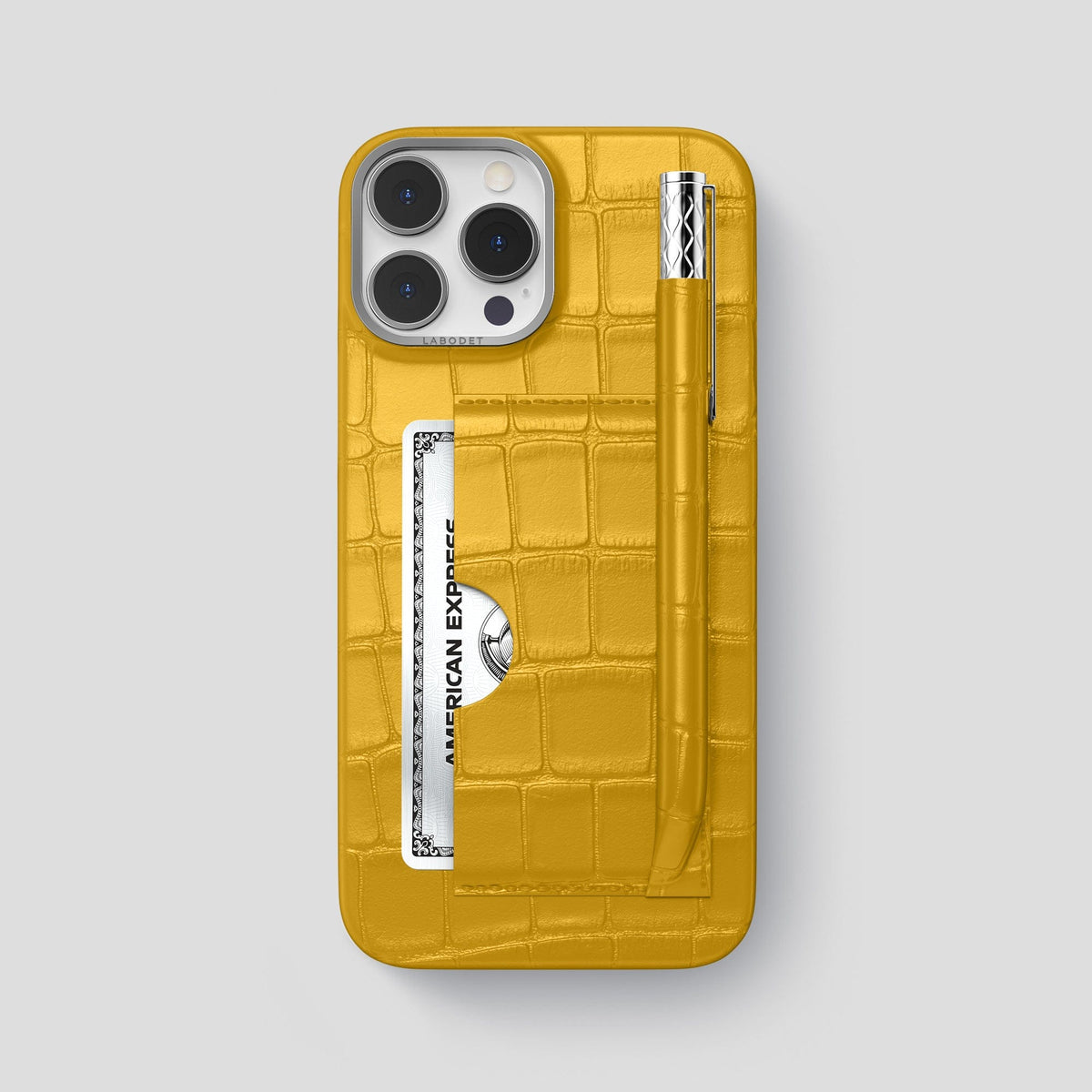 Yellow iPhone 14 Pro Max Card and Pen Holder Case Alligator with Steel Metal -1 | Yellow-Steel