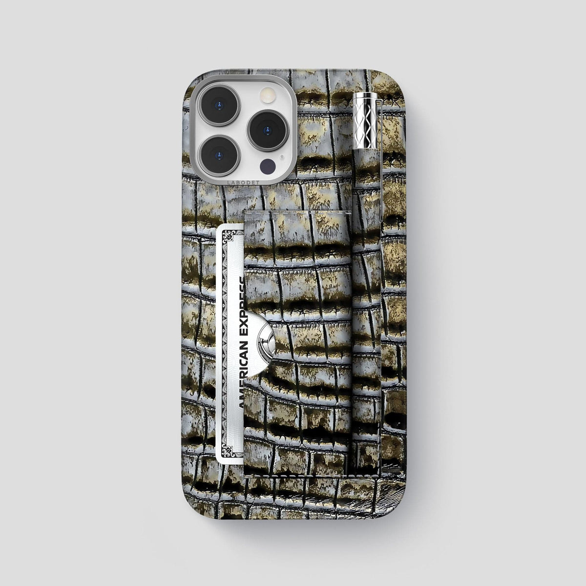 Antique-Bronze iPhone 14 Pro Max Card and Pen Holder Case Himalayan Crocodile with Steel Metal -1 | Antique-Bronze-Steel