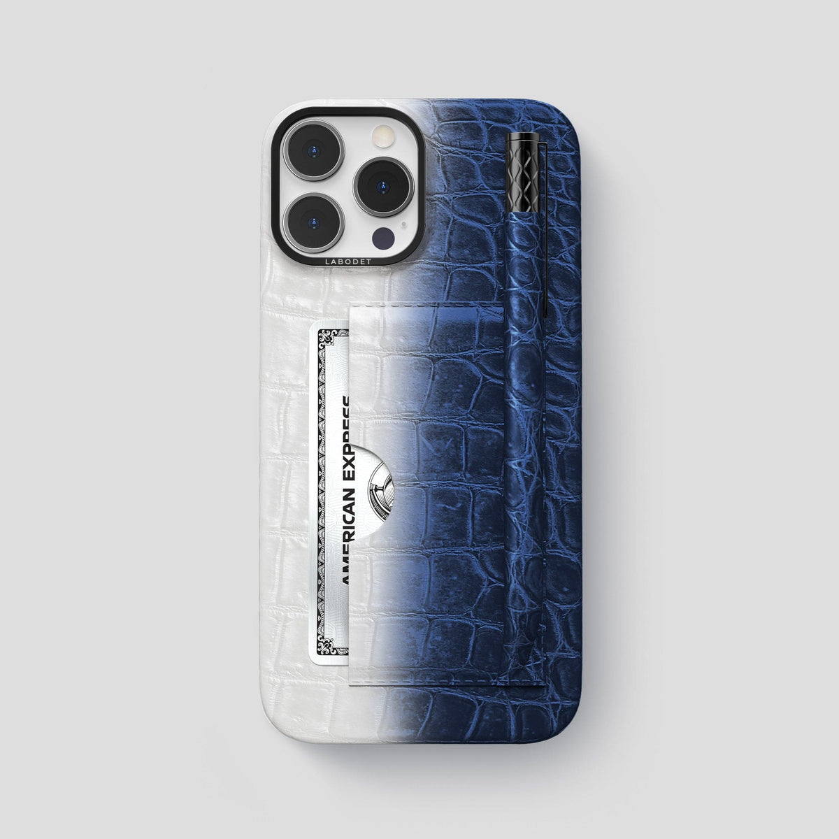 Navy Blue iPhone 14 Pro Max Card and Pen Holder Case Himalayan Crocodile with Black Metal -1 | Navy-Blue-Black