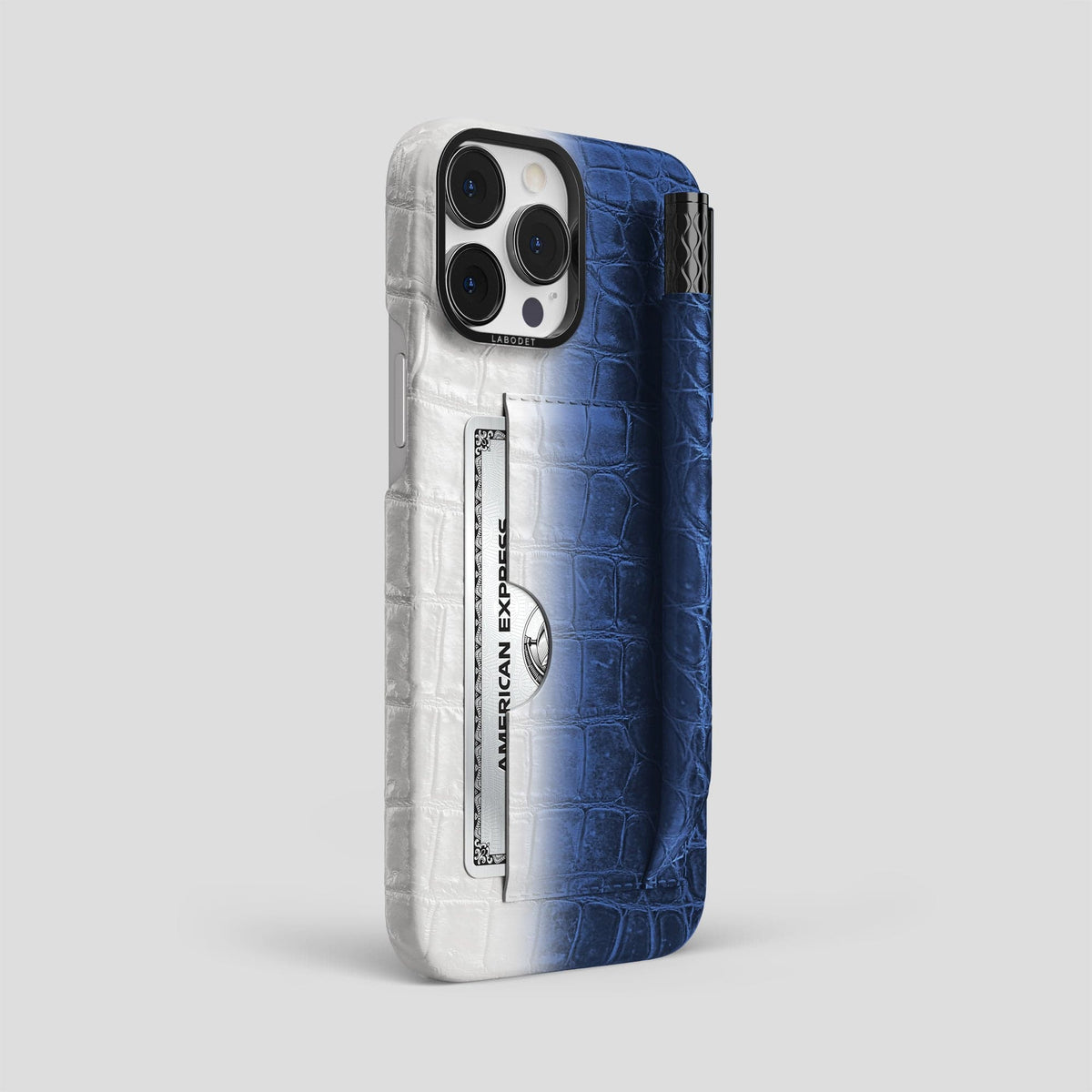 Navy Blue iPhone 14 Pro Max Card and Pen Holder Case Himalayan Crocodile with Black Metal -2 | Navy-Blue-Black