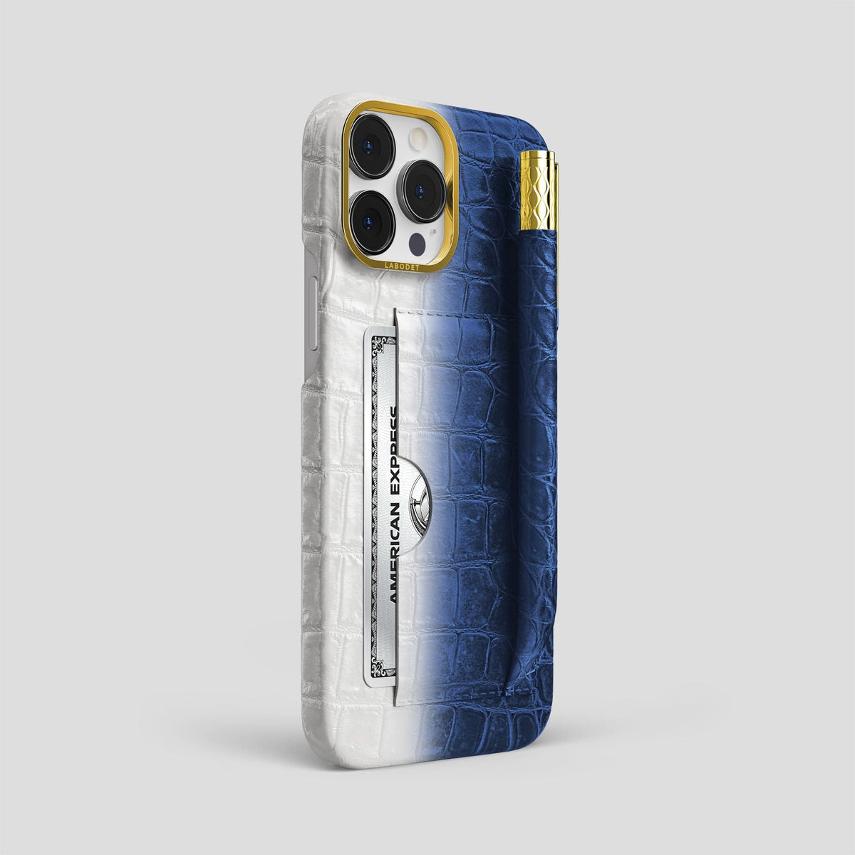 Navy Blue iPhone 14 Pro Max Card and Pen Holder Case Himalayan Crocodile with Gold Metal -2 | Navy-Blue-Gold