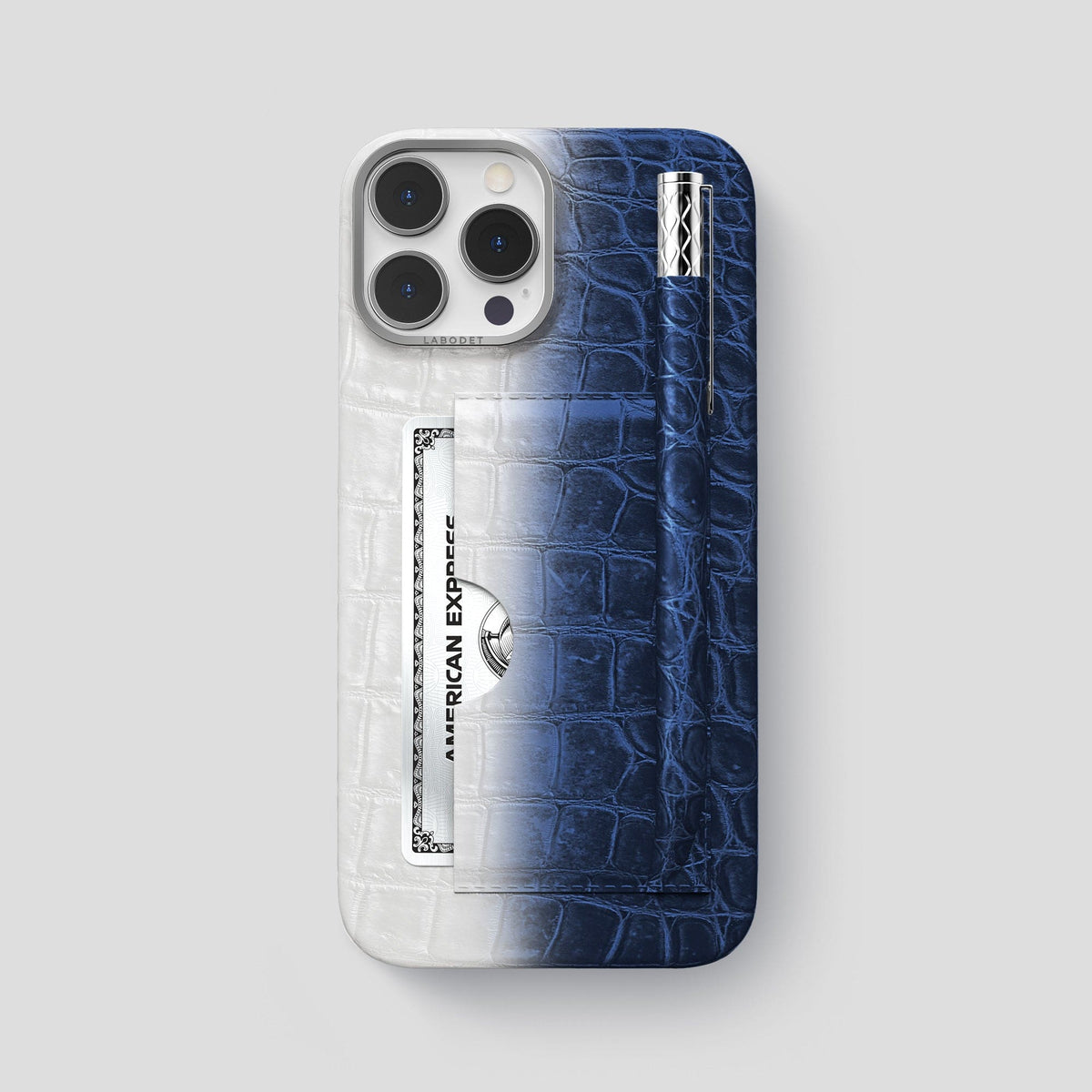 Navy Blue iPhone 14 Pro Max Card and Pen Holder Case Himalayan Crocodile with Steel Metal -1 | Navy-Blue-Steel