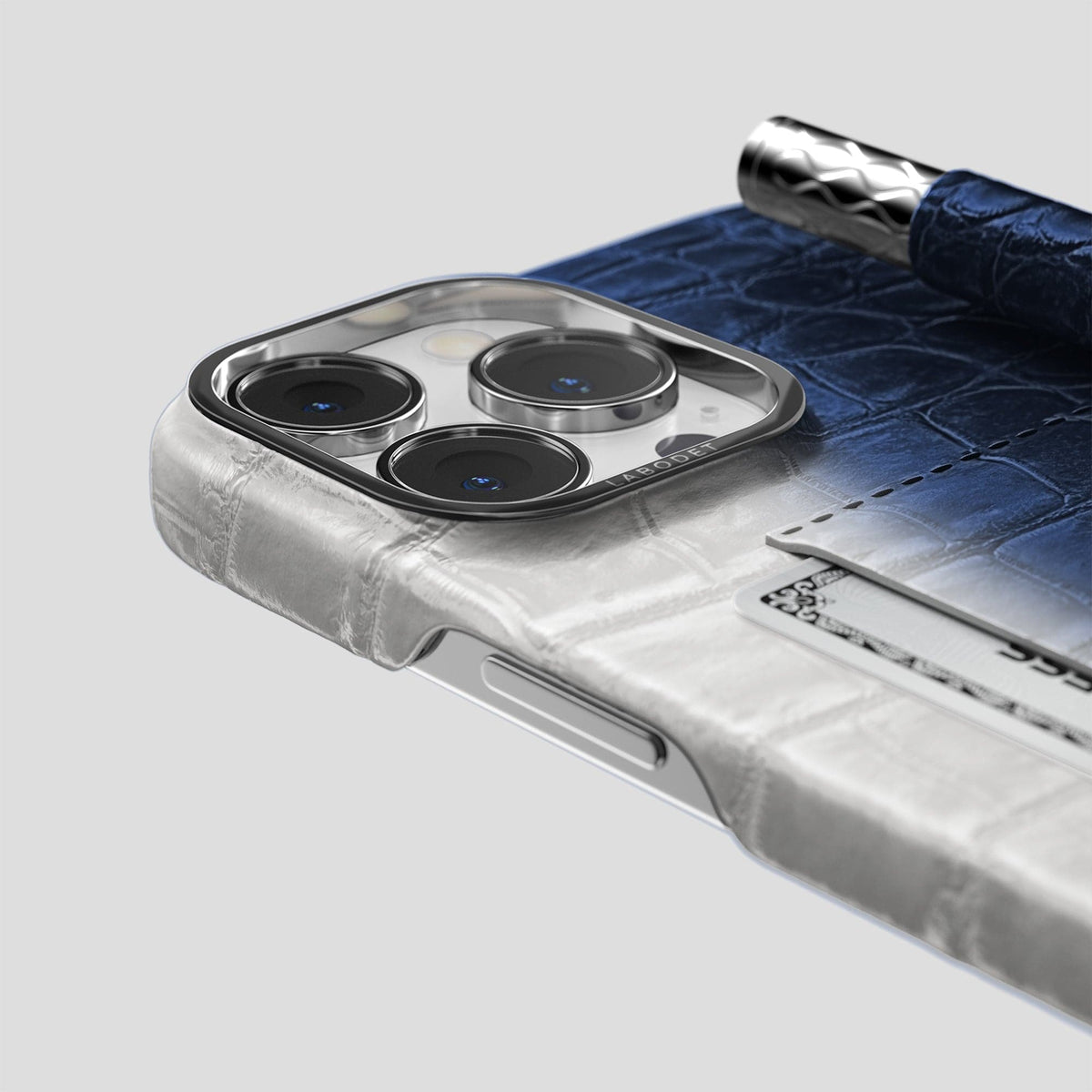 Navy Blue iPhone 14 Pro Max Card and Pen Holder Case Himalayan Crocodile with Steel Metal -4 | Navy-Blue-Steel