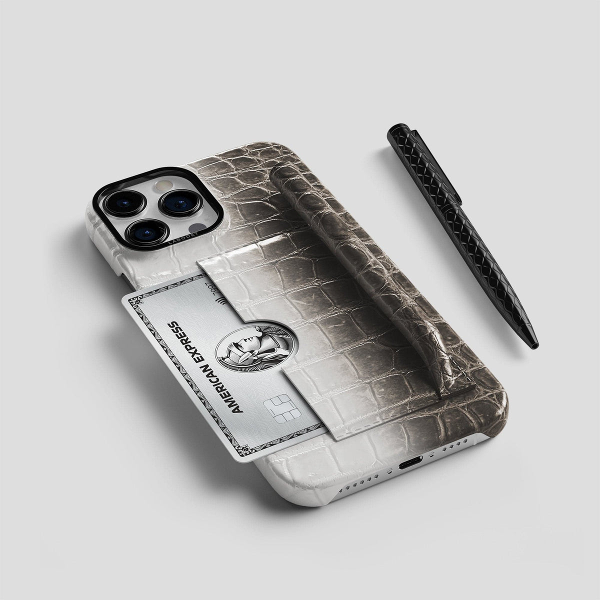 Dark iPhone 14 Pro Max Card and Pen Holder Case Himalayan Crocodile with Black Metal -5 | Dark-Black