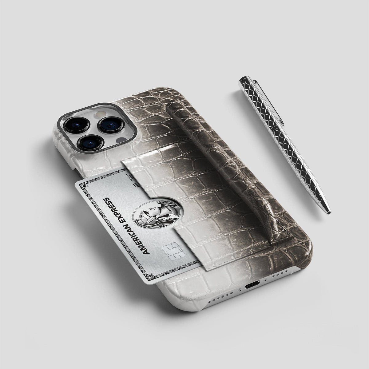 Dark iPhone 14 Pro Max Card and Pen Holder Case Himalayan Crocodile with Steel Metal -5 | Dark-Steel