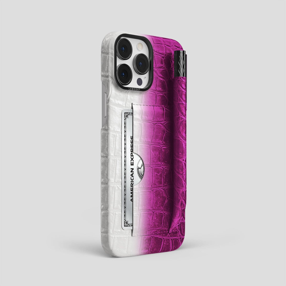 Fuchsia iPhone 14 Pro Max Card and Pen Holder Case Himalayan Crocodile with Black Metal -2 | Fuchsia-Black