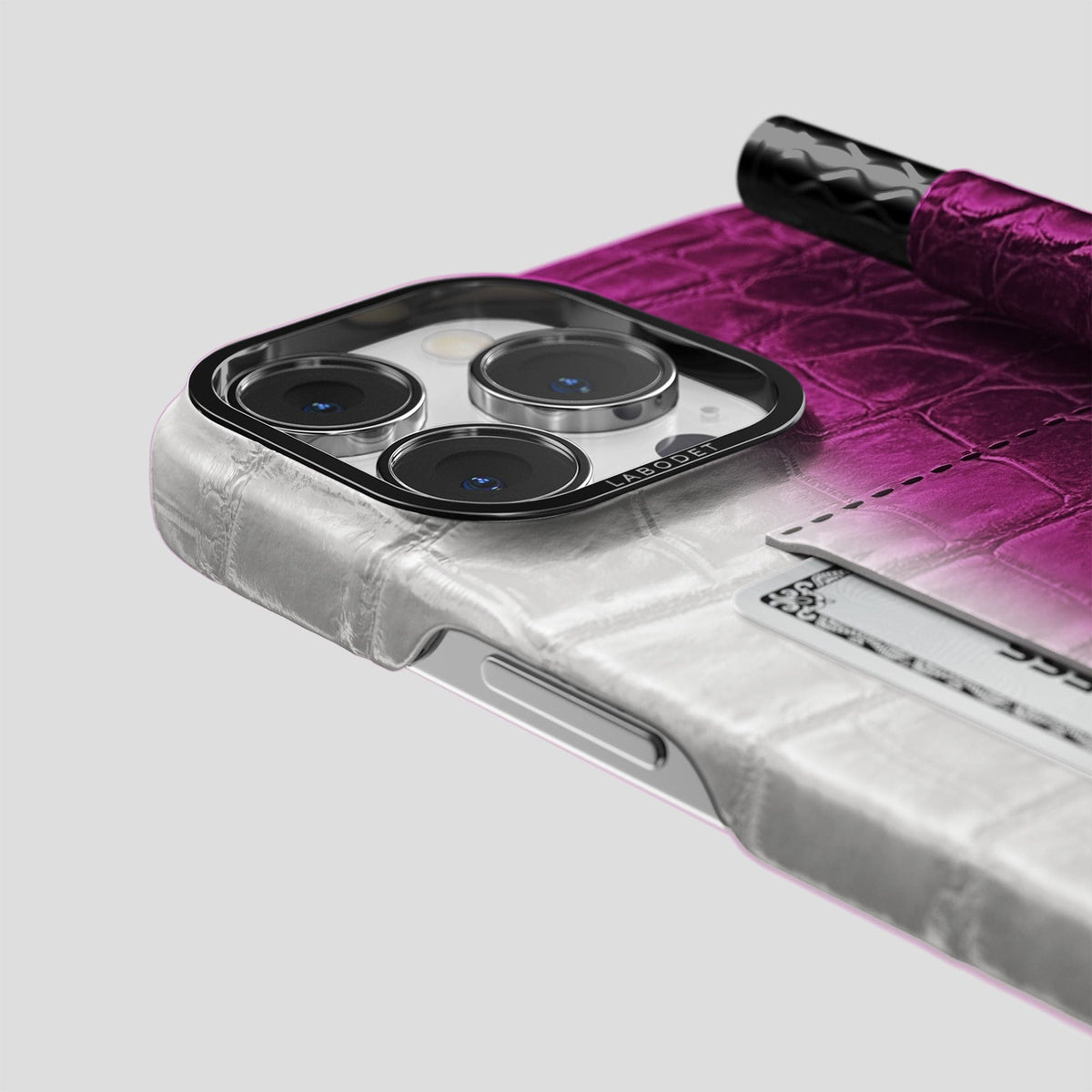 Fuchsia iPhone 14 Pro Max Card and Pen Holder Case Himalayan Crocodile with Black Metal -4 | Fuchsia-Black