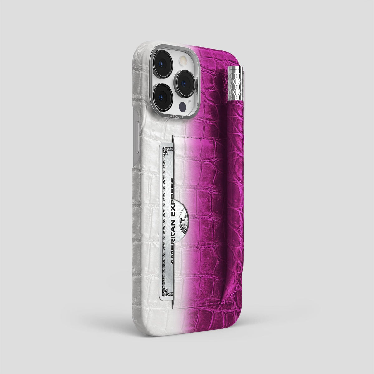 Fuchsia iPhone 14 Pro Max Card and Pen Holder Case Himalayan Crocodile with Steel Metal -2 | Fuchsia-Steel